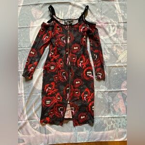 Killstar Cold-Shoulder Long Sleeve Dress in Red and Black Floral